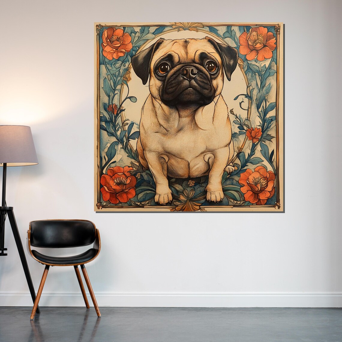 Pug Puppy In Art Nouveau Floral Frame Adorable Dog Portrait Poster - Image 2