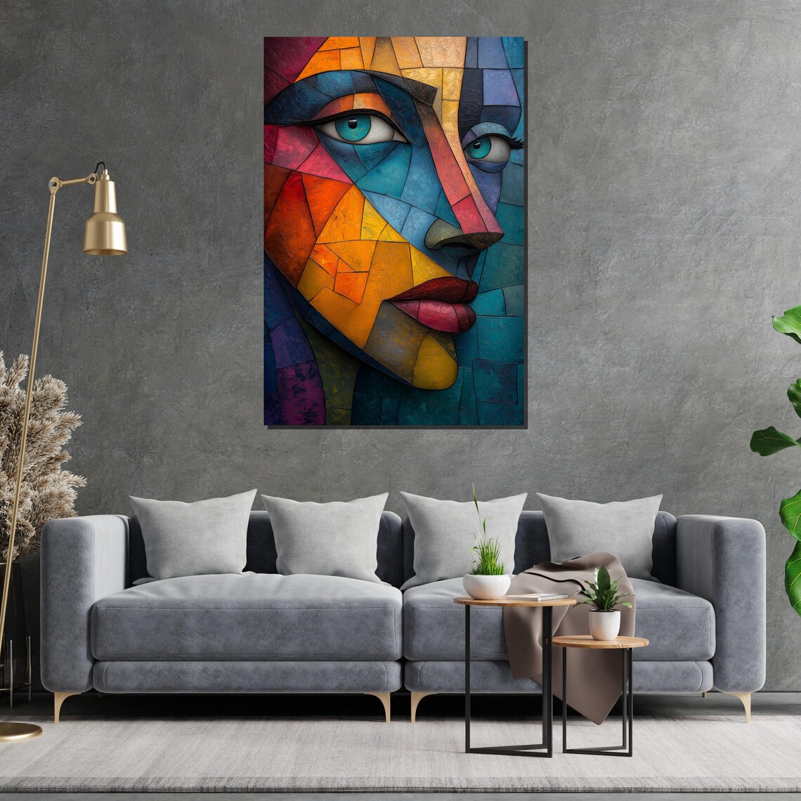 Modern Cubist Woman Face Colorful Geometric Mosaic Art Poster - Image 2