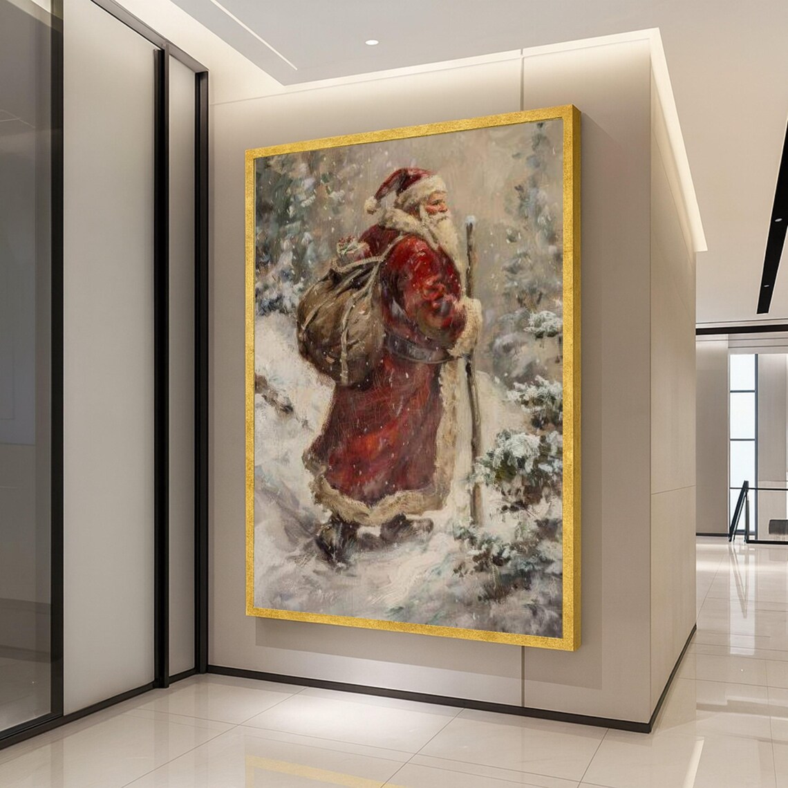 Vintage Santa Claus Walking Through Snow Christmas Holiday Painting Poster