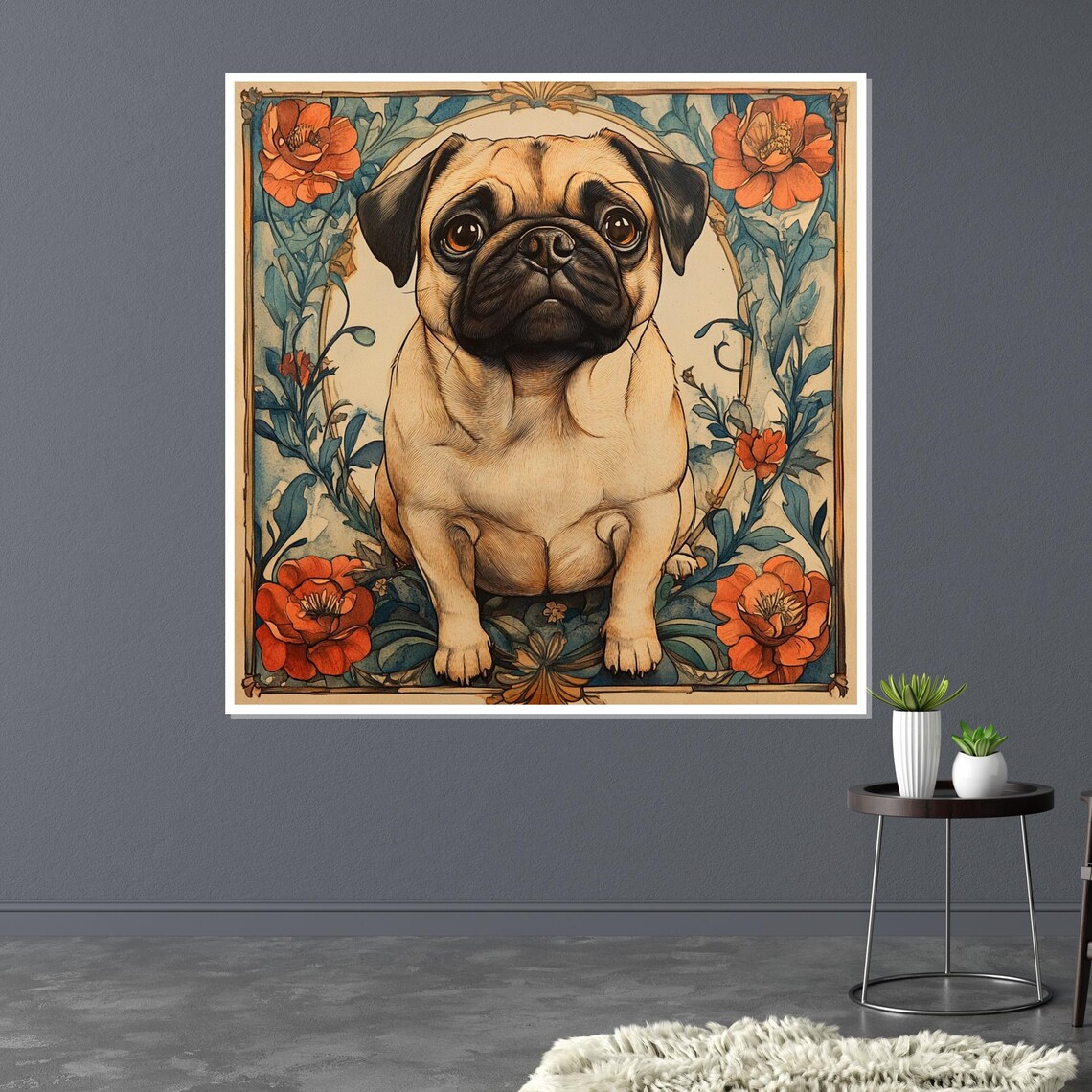 Pug Puppy In Art Nouveau Floral Frame Adorable Dog Portrait Poster - Image 3