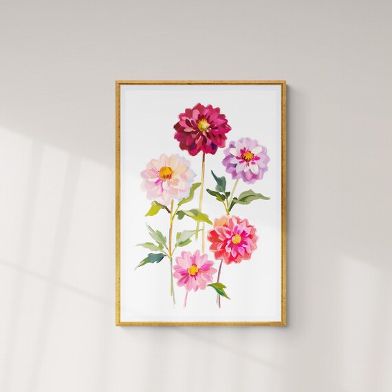 Pink Dahlia Blooms Delicate Botanical White Background Floral Art Print Poster