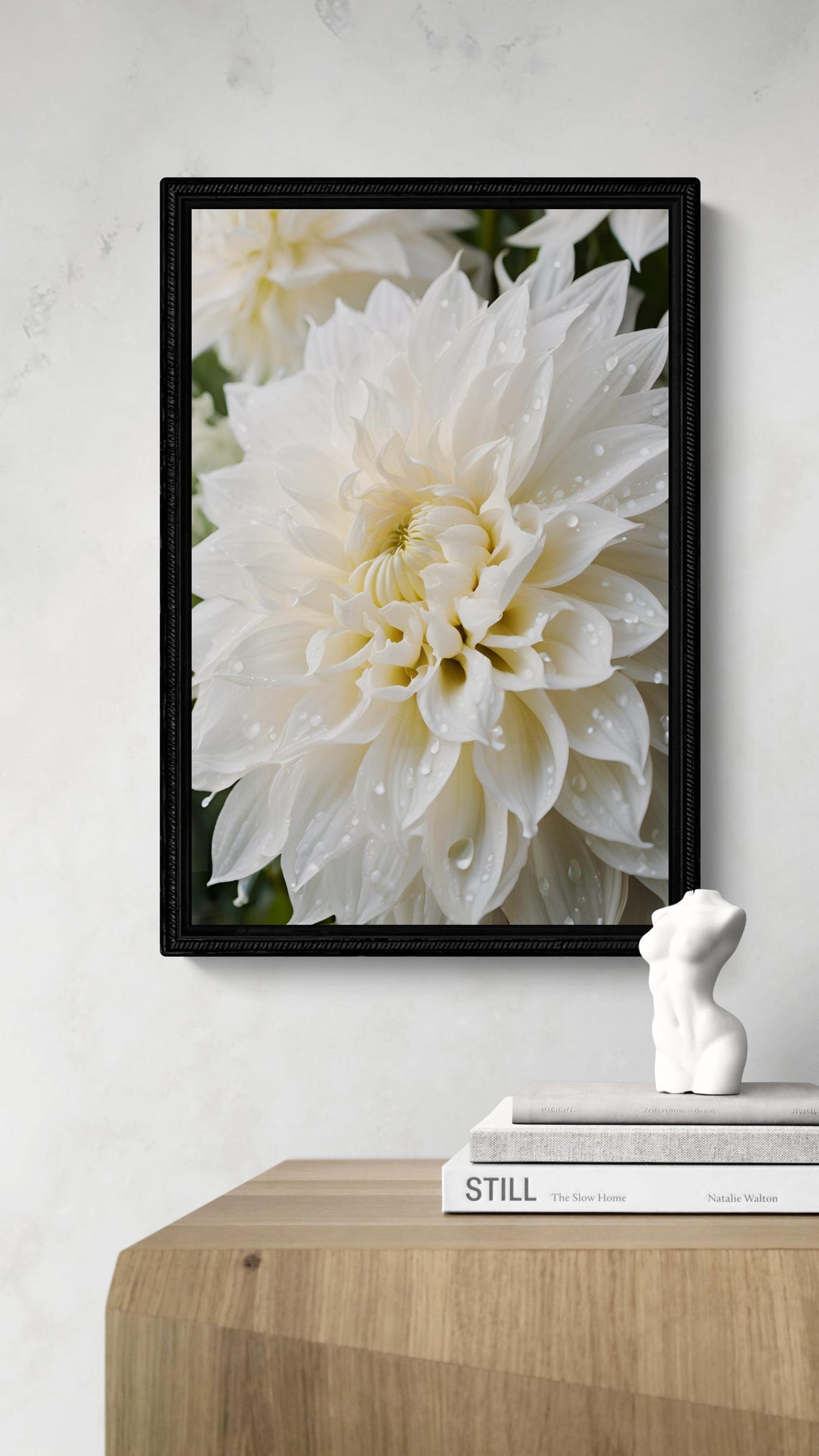 White Dahlia Flower Dew Drops Macro Botanical Photography Art Poster - Image 2