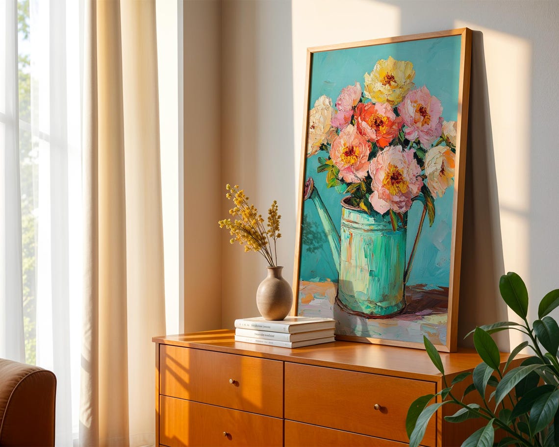 Pink Rose Blooms Teal Watering Can Turquoise Still Life Art Poster - Image 2