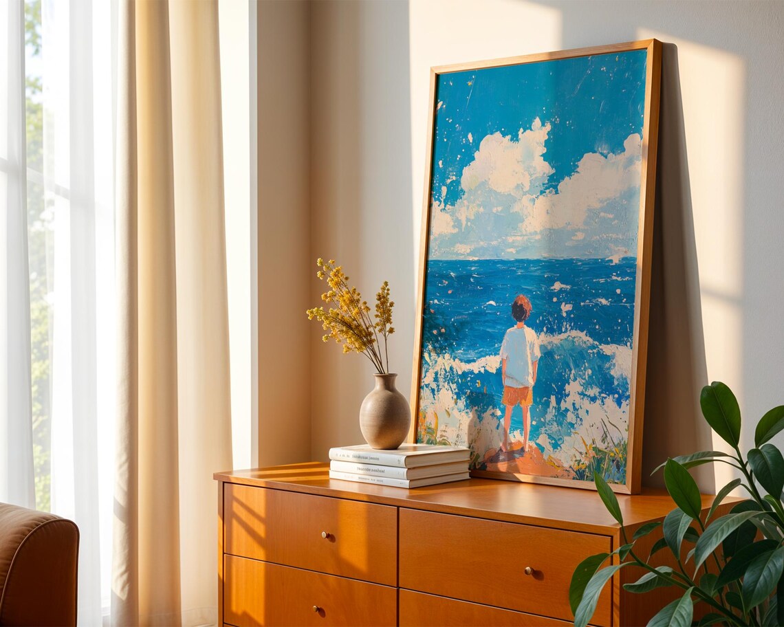 Young Boy Watching Ocean Waves Impressionist Coastal Seascape Art Poster - Image 4