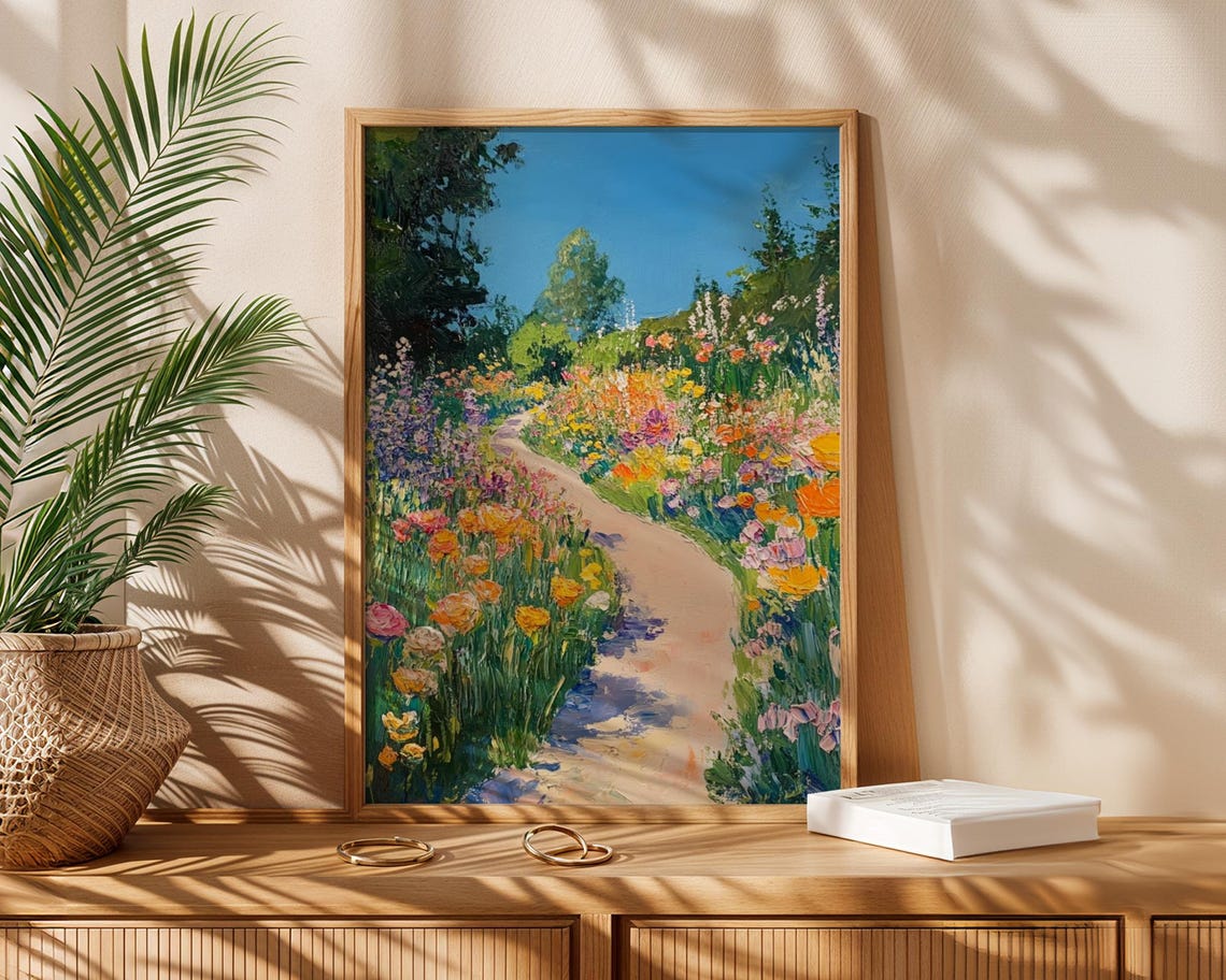 Winding Flower Garden Path Impressionist Summer Landscape Art Poster