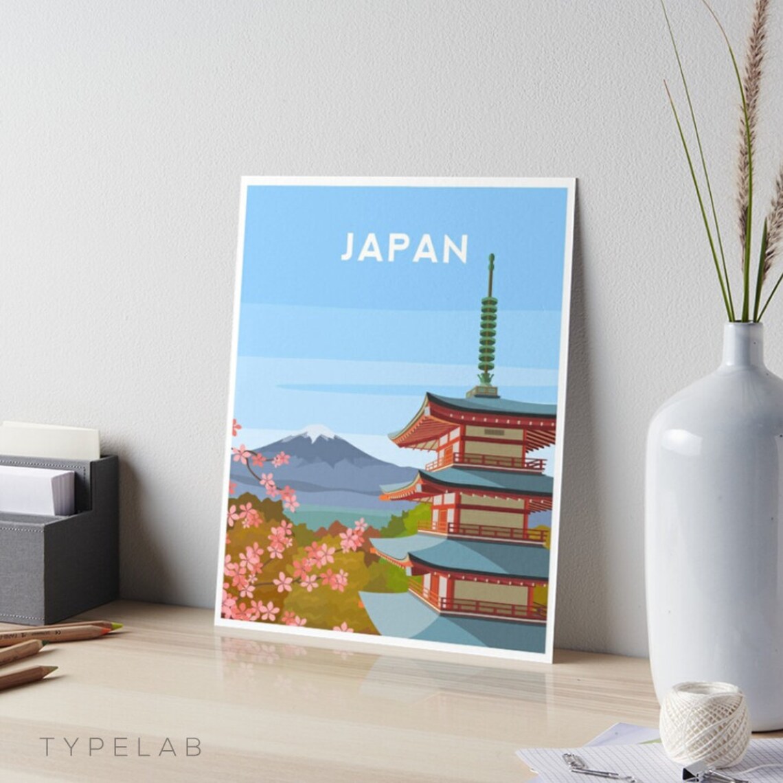Mount Fuji Travel Poster, Japanese Pagoda Landscape