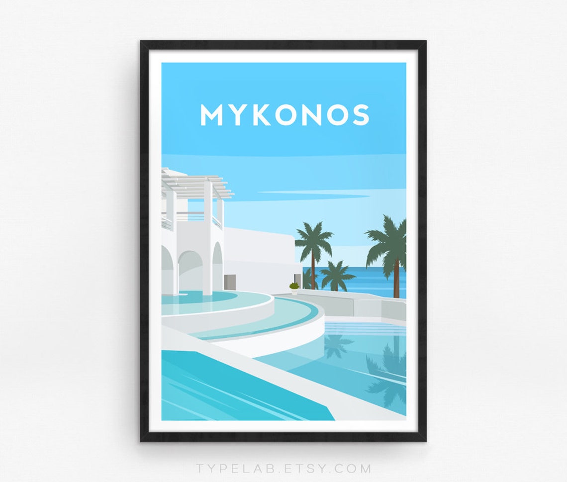 Mykonos Greece Resort Pool Palm Trees Illustrated Travel Poster - Image 2