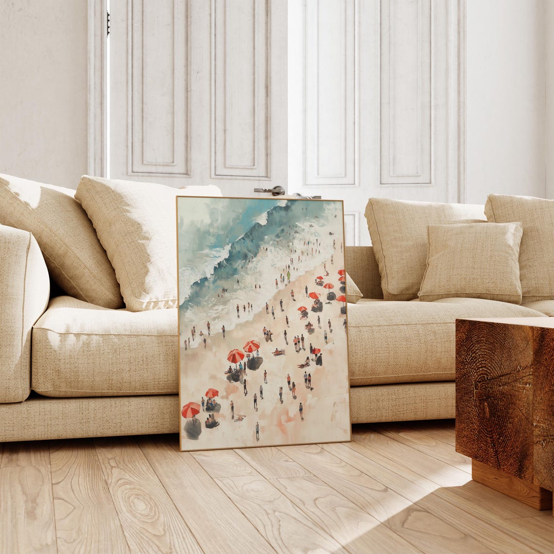 Aerial Beach Watercolor Red Umbrellas Crowd Seaside Art Poster - Image 3