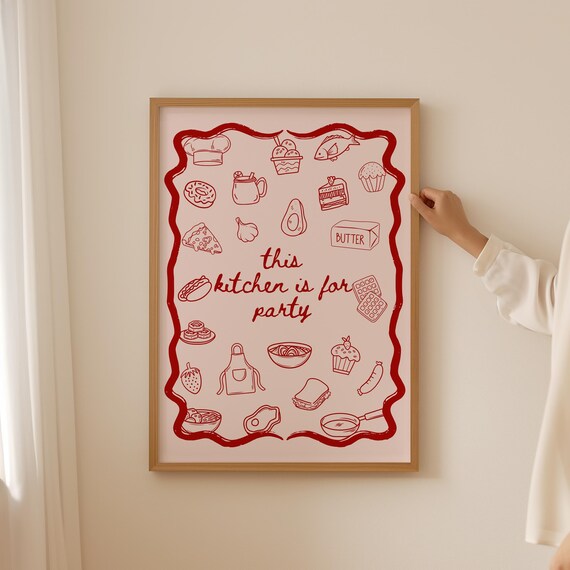 This Kitchen Is For Party Red Food Icon Line Art Quote Poster