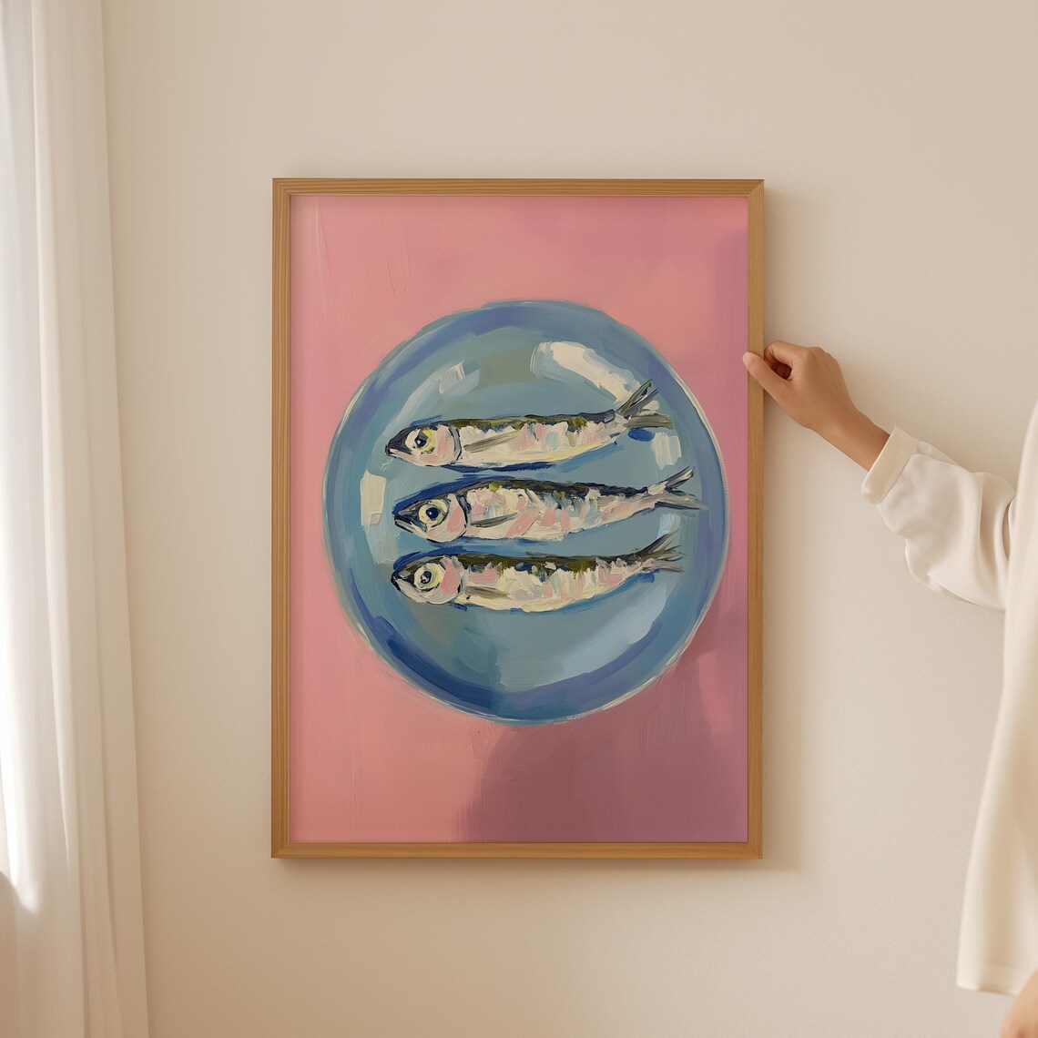 Pink Sardine Oil Poster, Funky Fish Kitchen Art