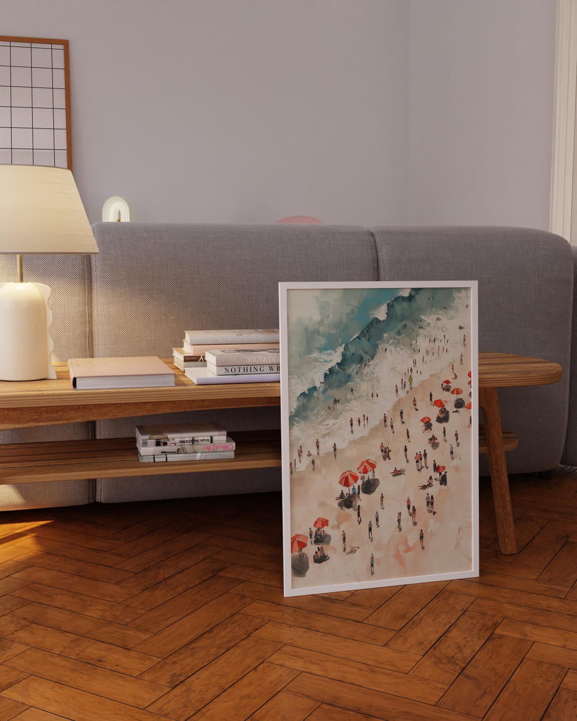 Aerial Beach Watercolor Red Umbrellas Crowd Seaside Art Poster - Image 5