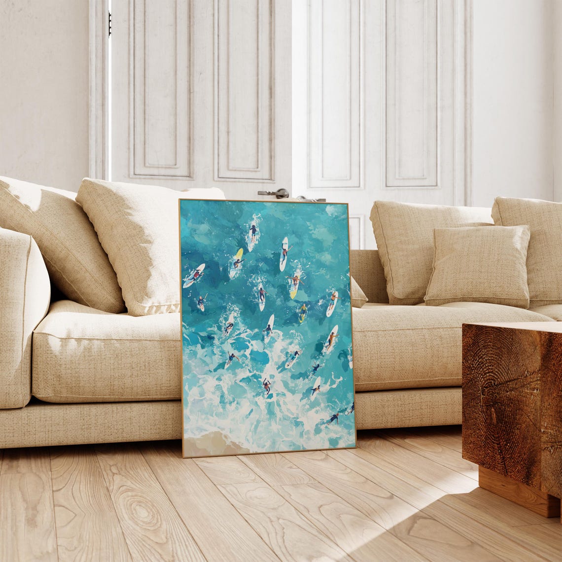 Surfers Paddling Aerial Ocean Painting Poster Turquoise Waves Decor - Image 3