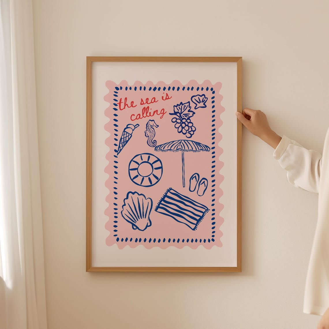 The Sea Is Calling Pink Navy Beach Icons Summer Vacation Quote Poster