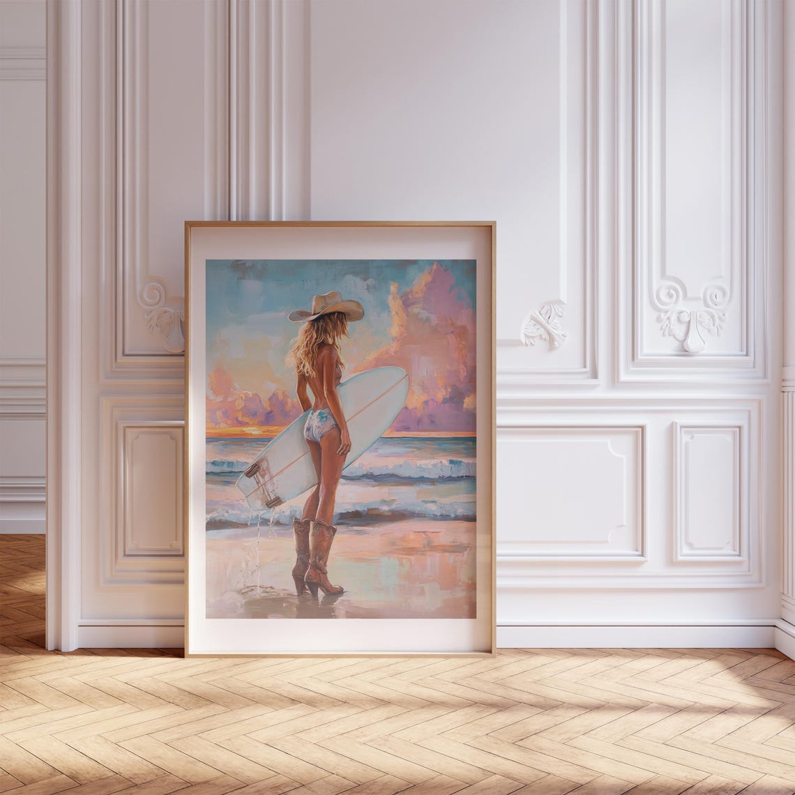 Coastal Cowgirl Surfer Hat Boots Sunset Surf Painting Poster