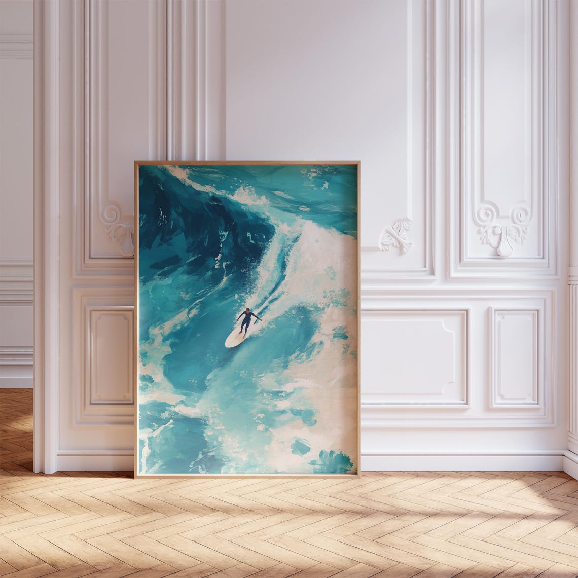 Lone Surfer Turquoise Wave Aerial Painting Poster Ocean Surf Decor