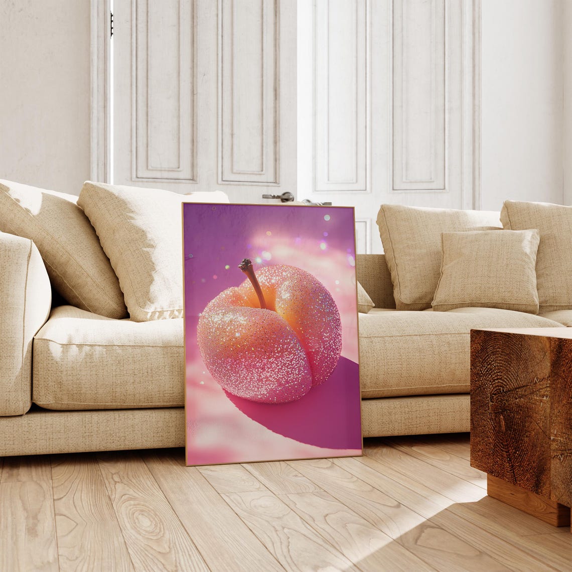 Glitter Peach Fruit Sparkle Pink Bokeh Funky Kitchen Art Poster - Image 2