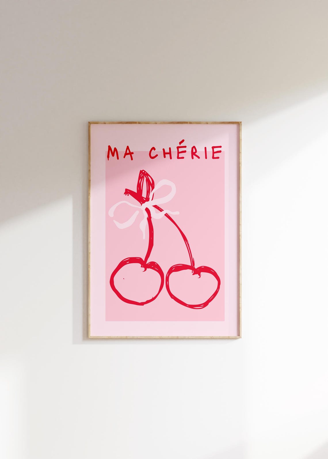 Ma Cherie Pink Cherry Bow Hand Drawn Line Art Coquette Poster - Image 3