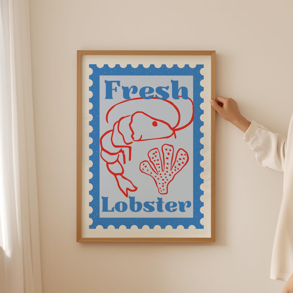 Fresh Lobster Shrimp Postage Stamp Blue Coastal Kitchen Poster