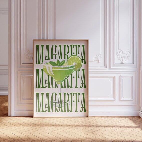 Margarita Green Typography Cocktail Poster Lime Glass Bar Decor
