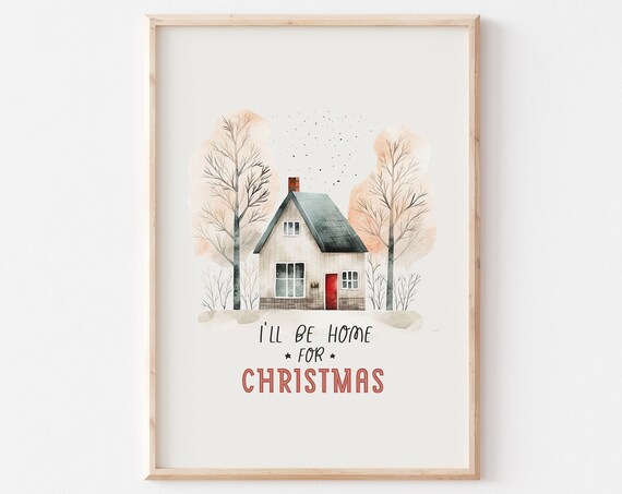 Ill Be Home For Christmas Watercolor Cottage With Red Door Poster