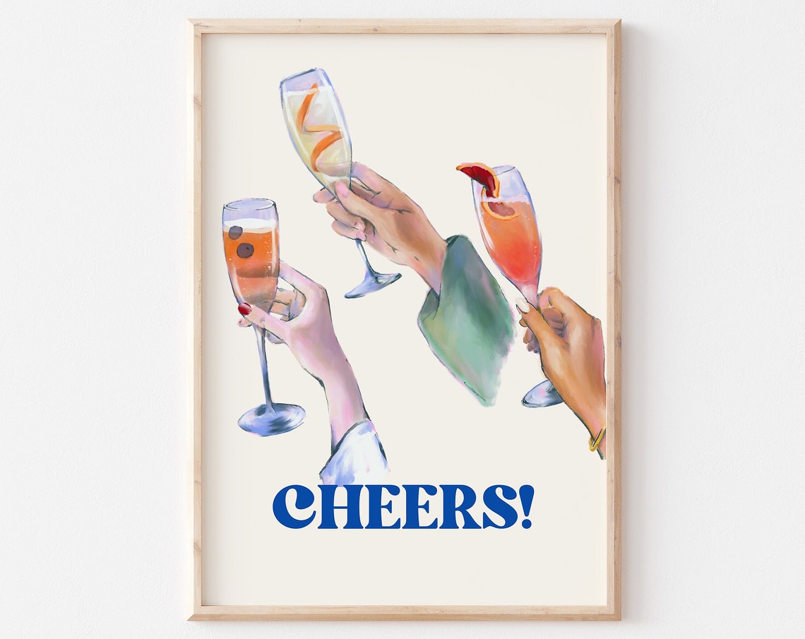 Cheers Blue Typography Champagne Toast Celebration Wall Poster