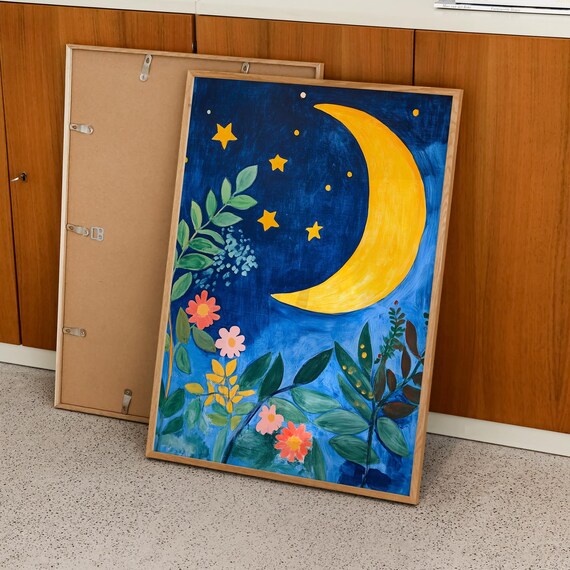 Moon and Stars Colorful Kids Bedroom Gouache Night Sky Poster