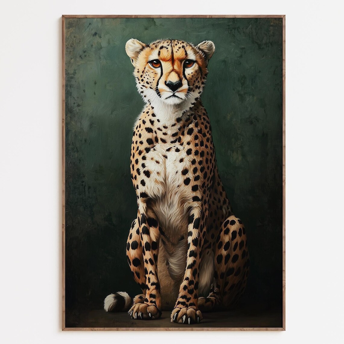 Cheetah Wall Art Dark Green Poster Elegant Animal Portrait Wild Cat Painting Cheetah Sitting Oil Art Feline Wall Art