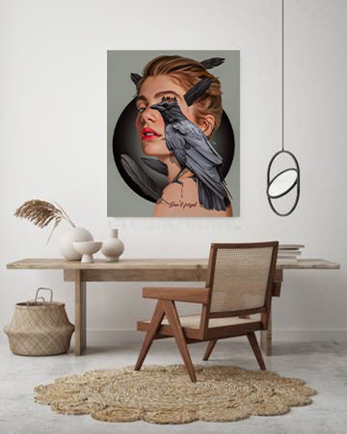 Surreal Woman Portrait with Raven Perched on Shoulder Dark Poster - Image 2
