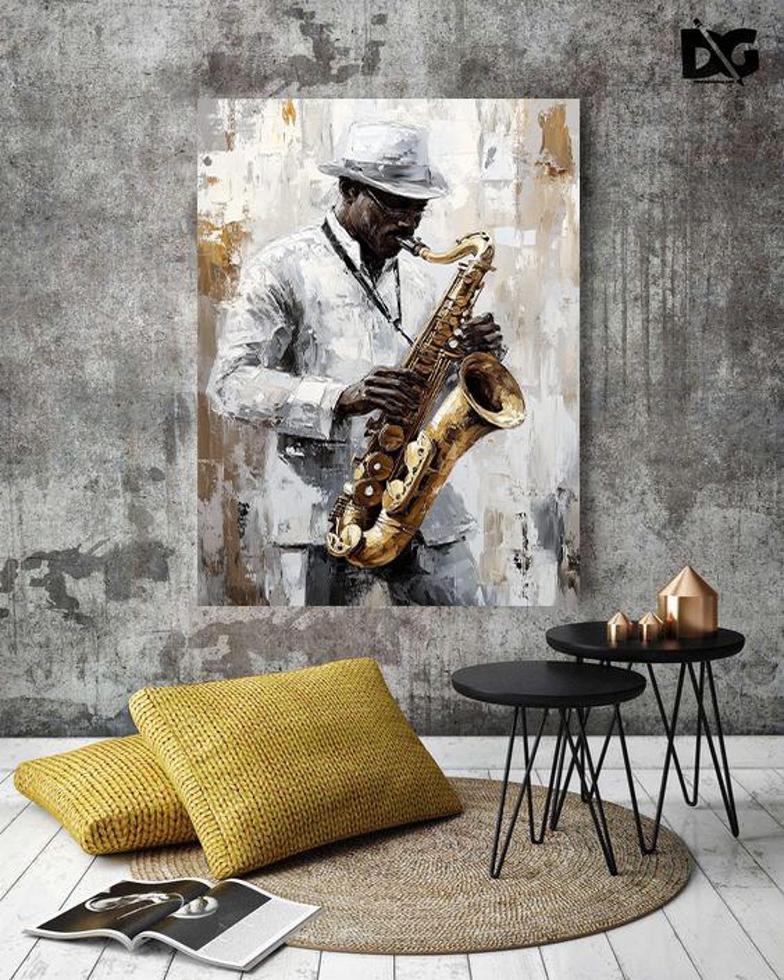 Man Playing Saxophone in White Suit Abstract Jazz Music Poster - Image 2