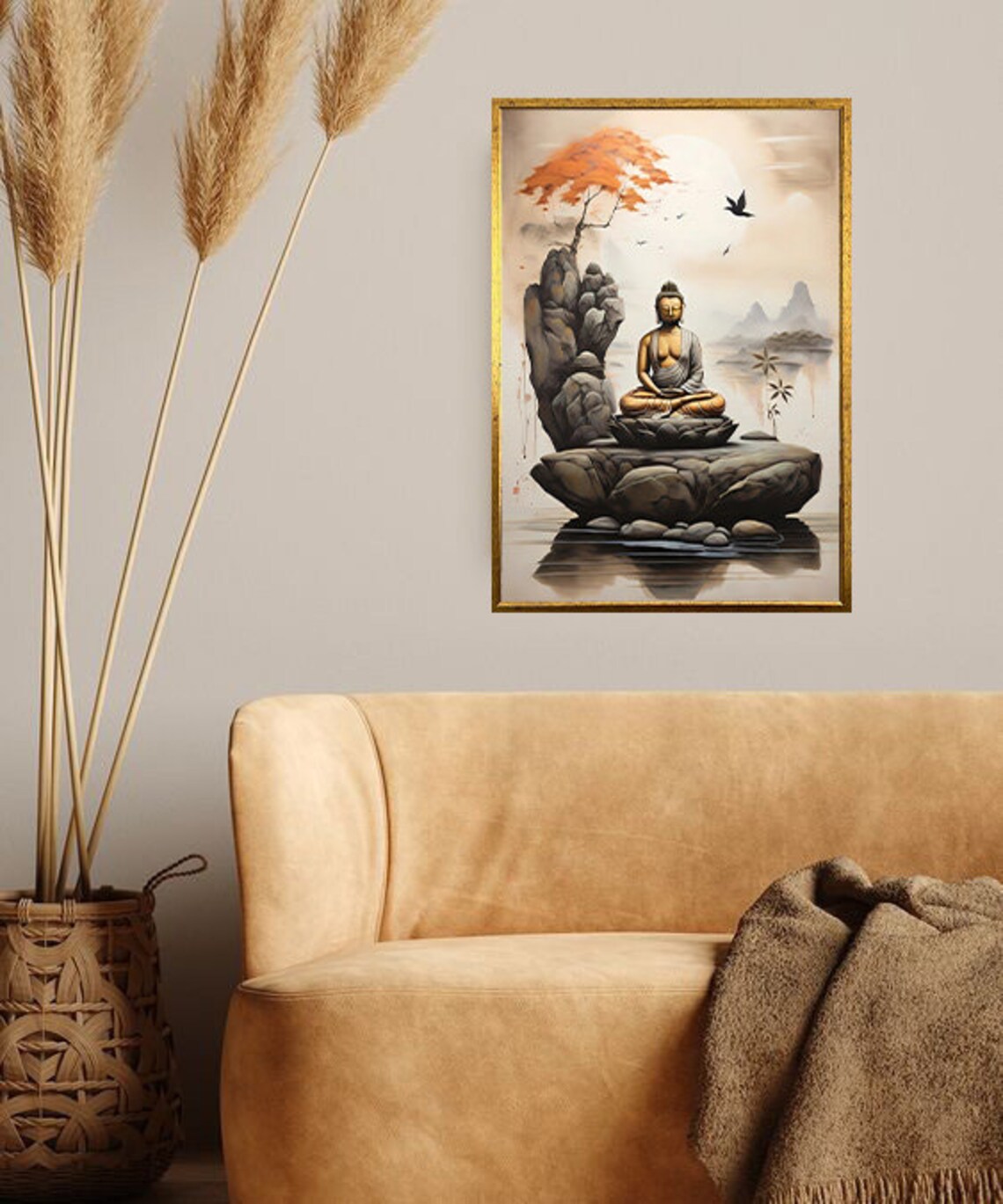 Buddha Meditating on Lotus Rock Tranquil Asian Zen Art Poster - Image 2