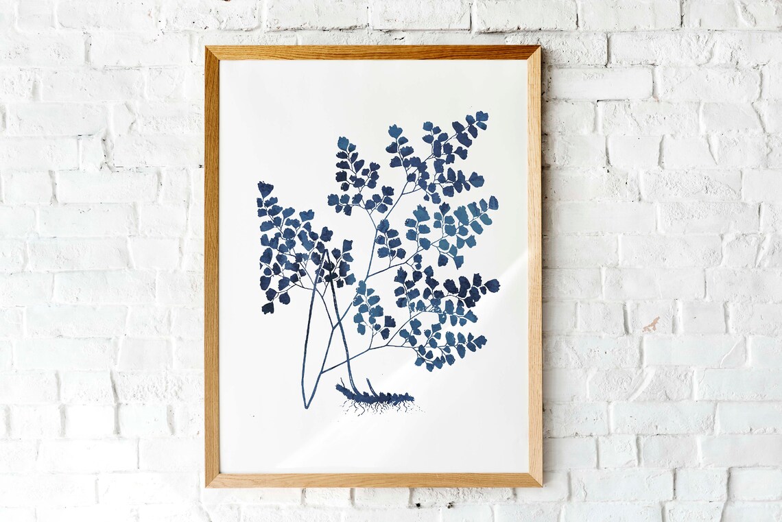 Indigo Blue Maidenhair Fern Delicate Watercolor Botanical Print