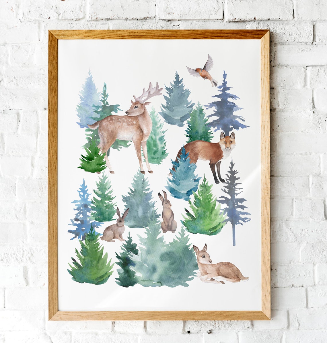 Watercolor Woodland Animals Deer Fox Rabbit Forest Nursery Poster