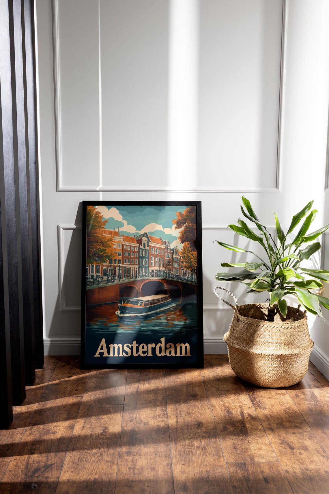 Amsterdam Canal Boat Under Brick Bridge Vintage Travel Poster