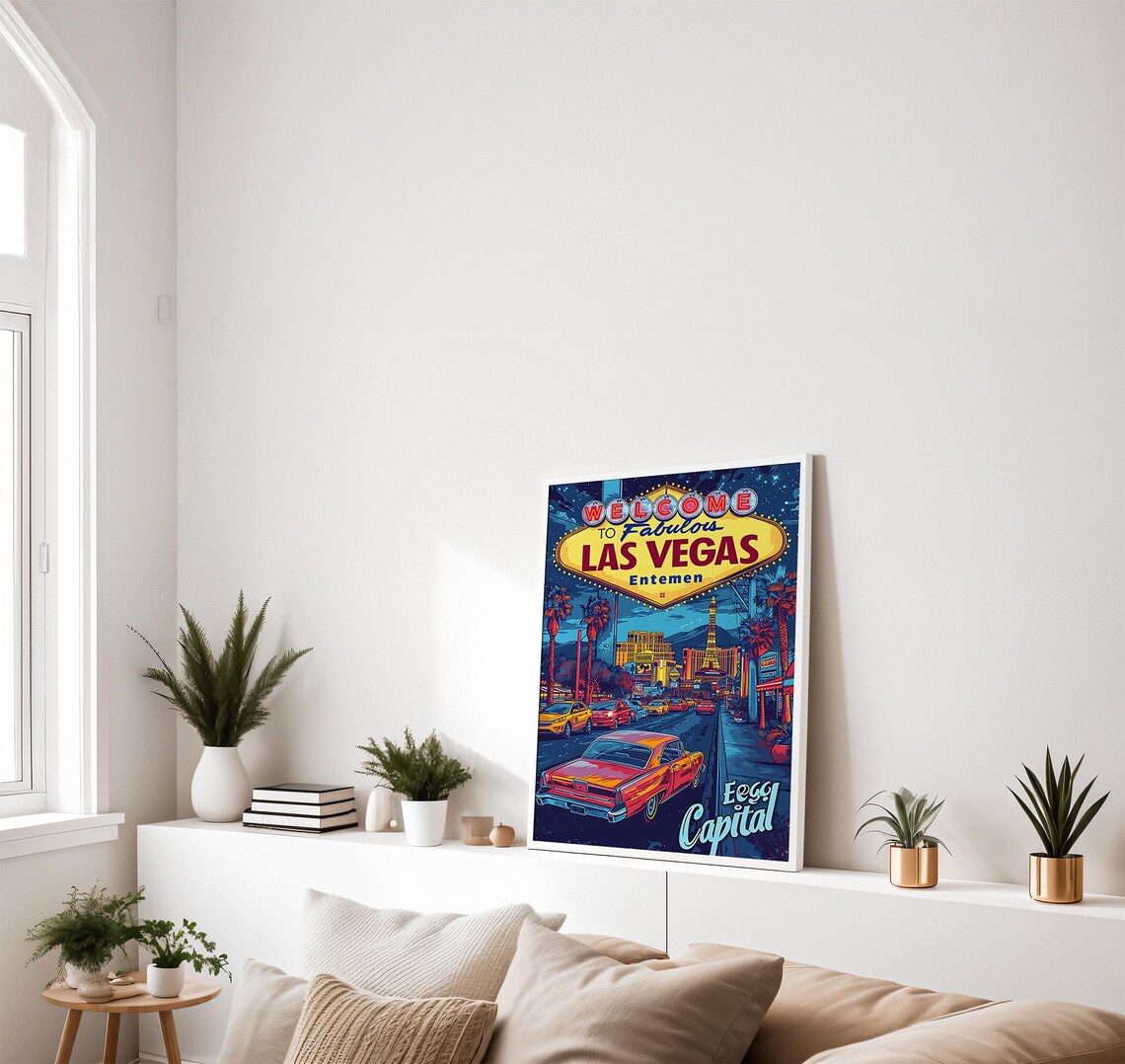Las Vegas Welcome Sign Night Strip Red Muscle Car Retro Poster