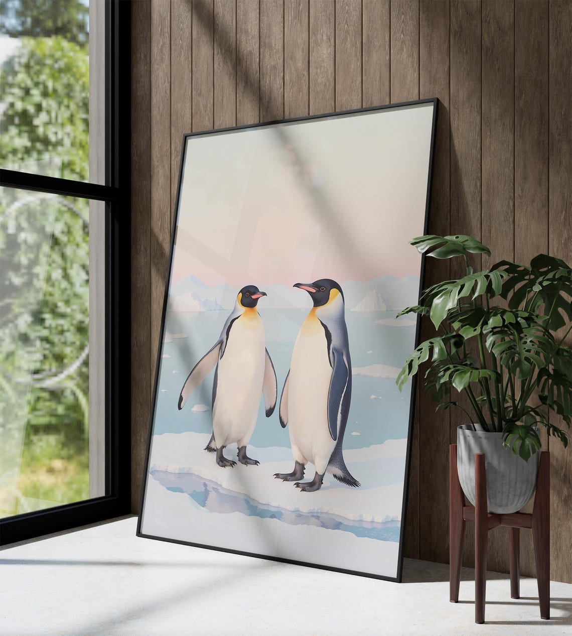 Emperor Penguins on Ice Floe Realistic Watercolor Arctic Poster