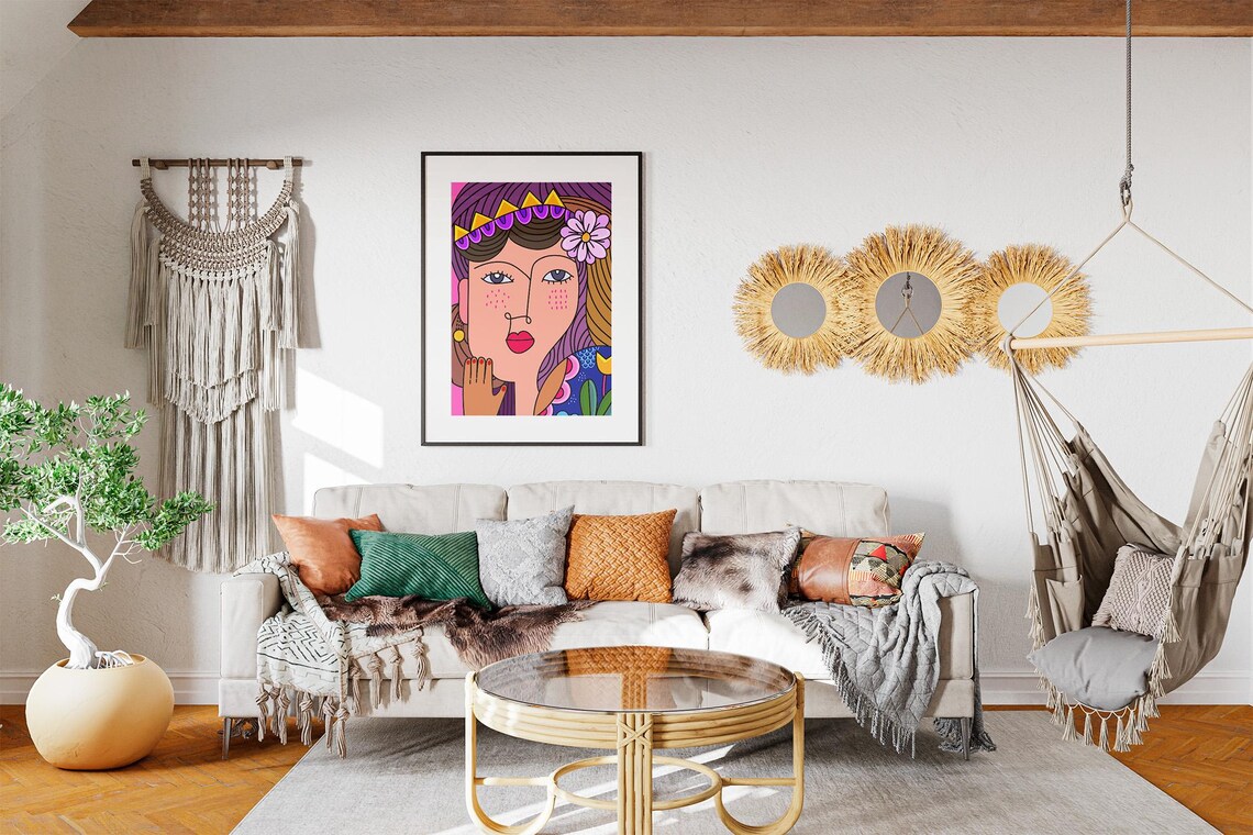 Colorful Whimsical Woman Portrait Floral Crown Modern Art Poster