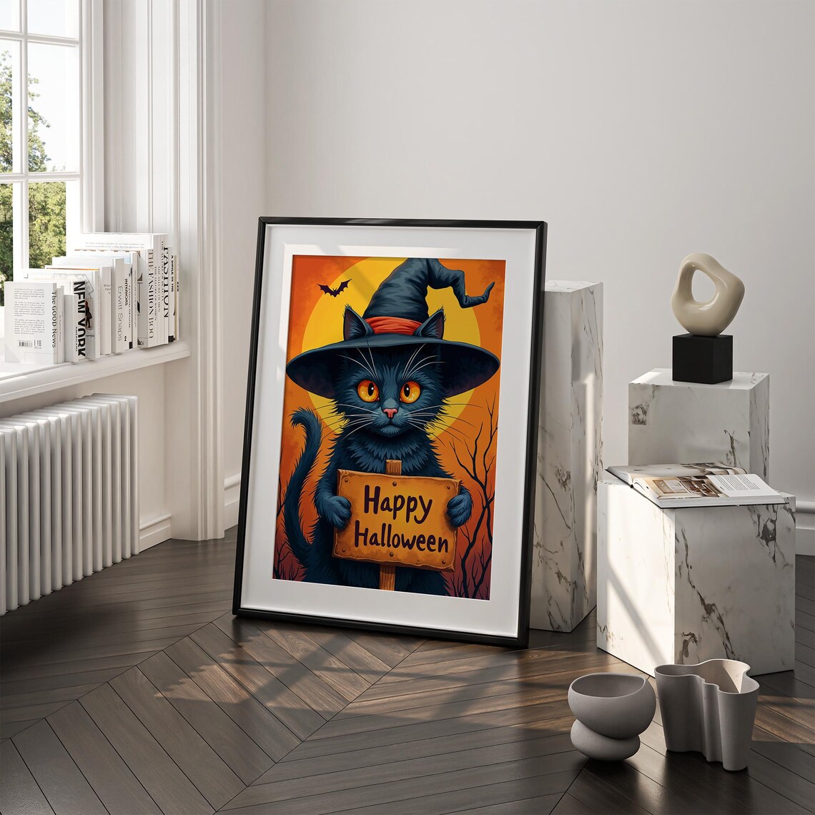 Happy Halloween Black Cat In Witch Hat Holding Sign Cute Poster