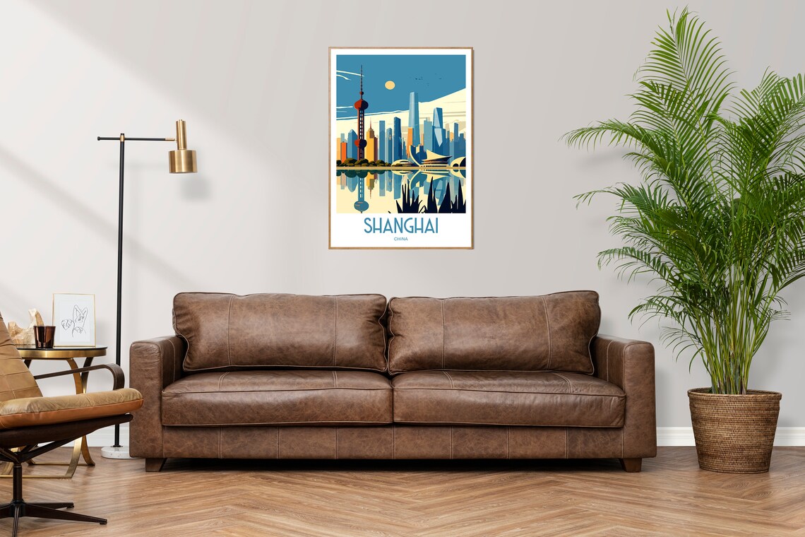 Shanghai China Skyline Travel Poster Pudong Towers Vintage City Art - Image 3