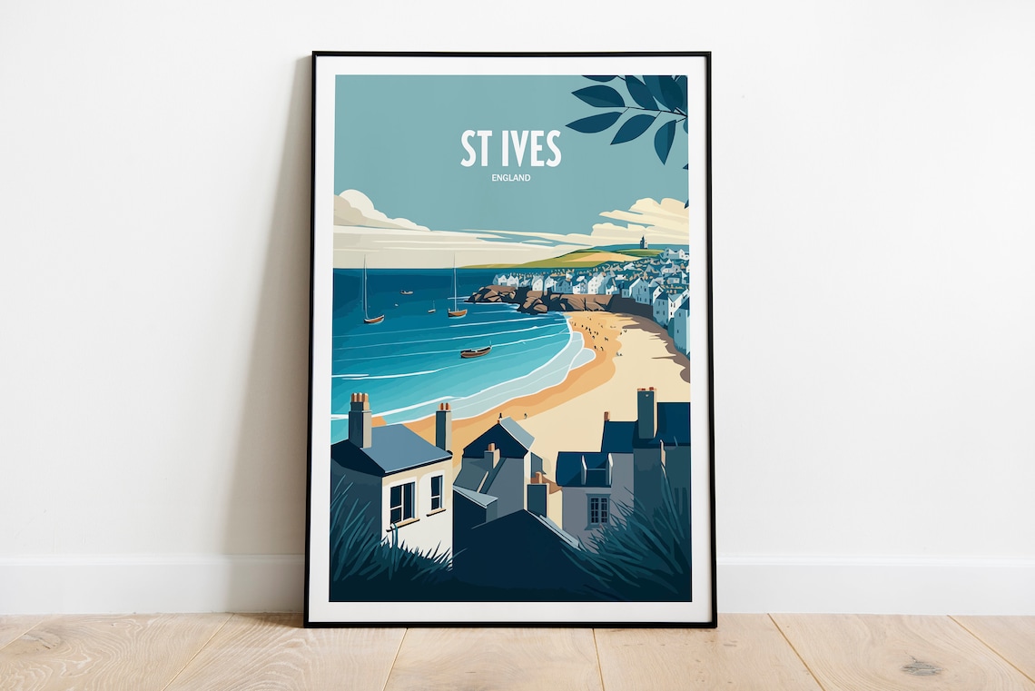 St Ives England Sunny Beach Harbor Boats Vintage Travel Poster
