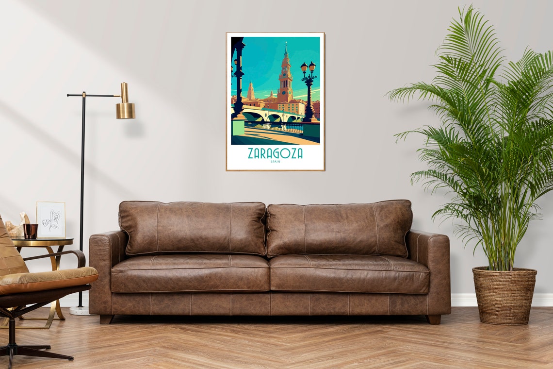 Zaragoza Spain Cathedral Bridge Golden Hour Retro Travel Poster - Image 3