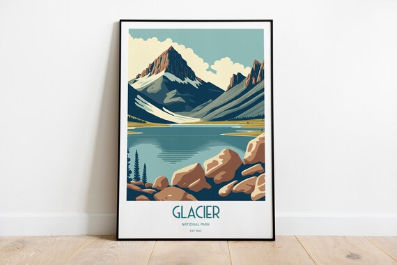 Glacier National Park Alpine Lake Travel Poster Vintage Mountain Art