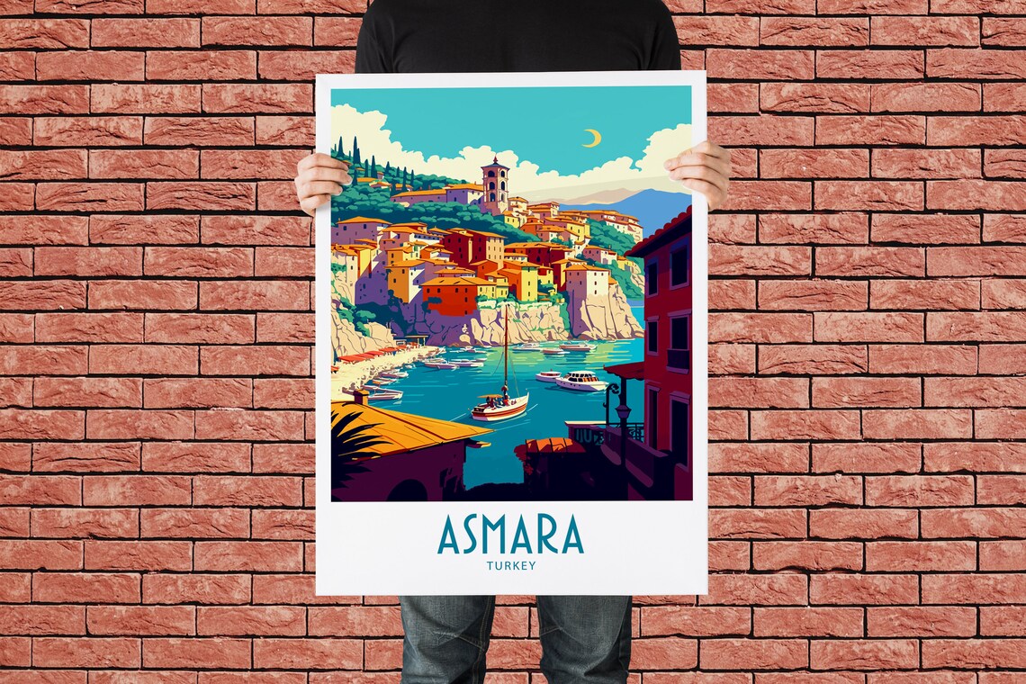Asmara Turkey Coastal Hillside Town Boats View Vintage Travel Poster - Image 2