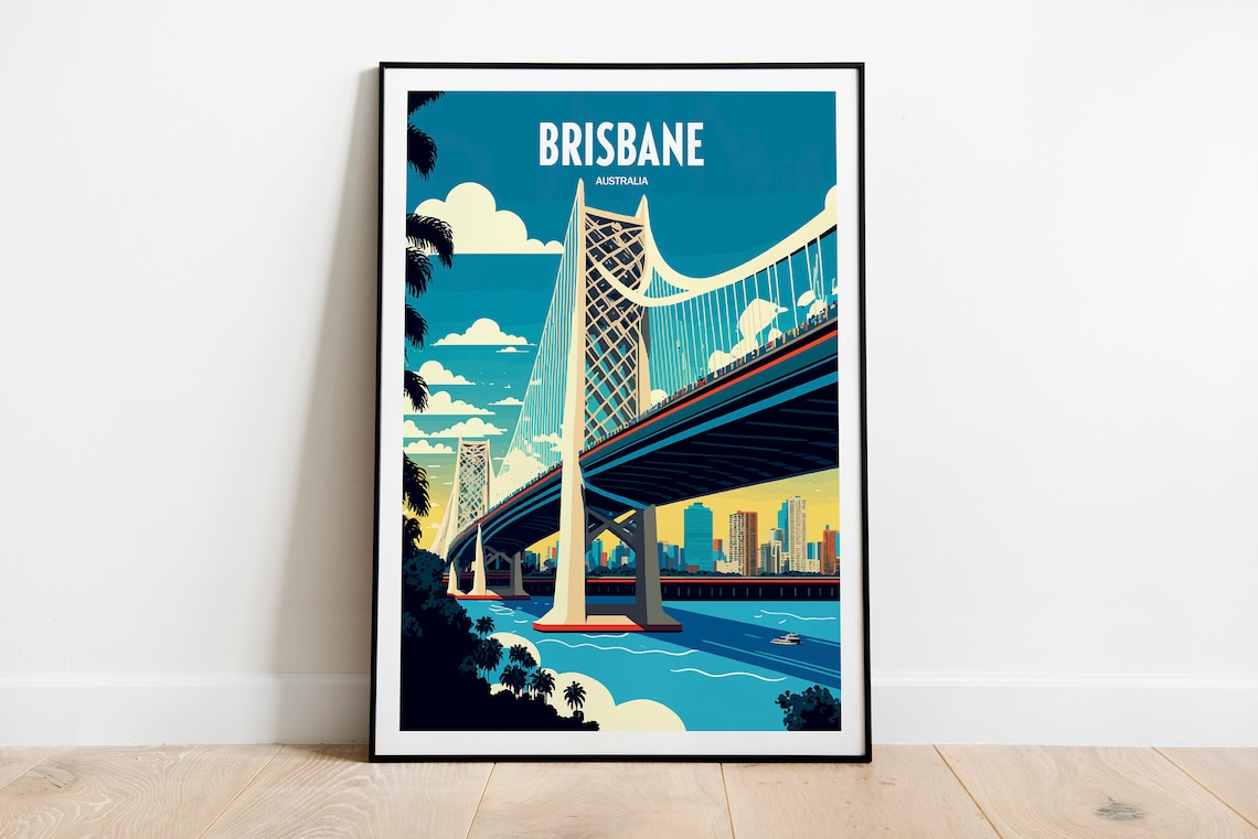 Brisbane Australia Story Bridge Skyline Vintage Travel Poster