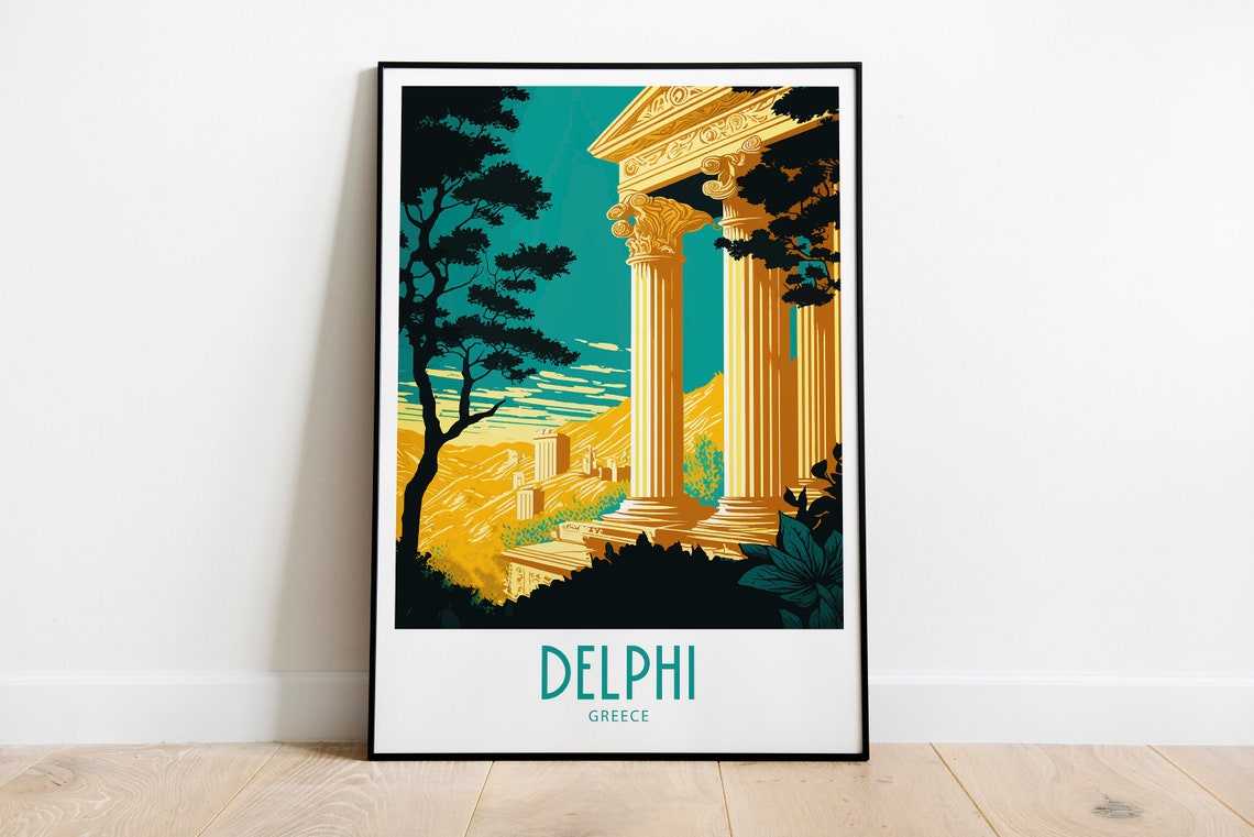 Delphi Greece Golden Temple Columns Sunset Vintage Travel Poster