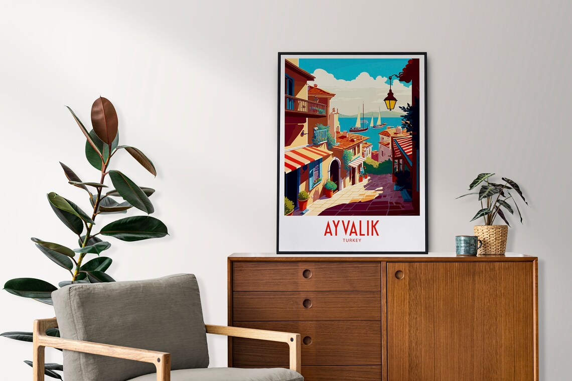 Ayvalik Turkey Cobblestone Street Cafes Sea View Vintage Travel Poster - Image 4