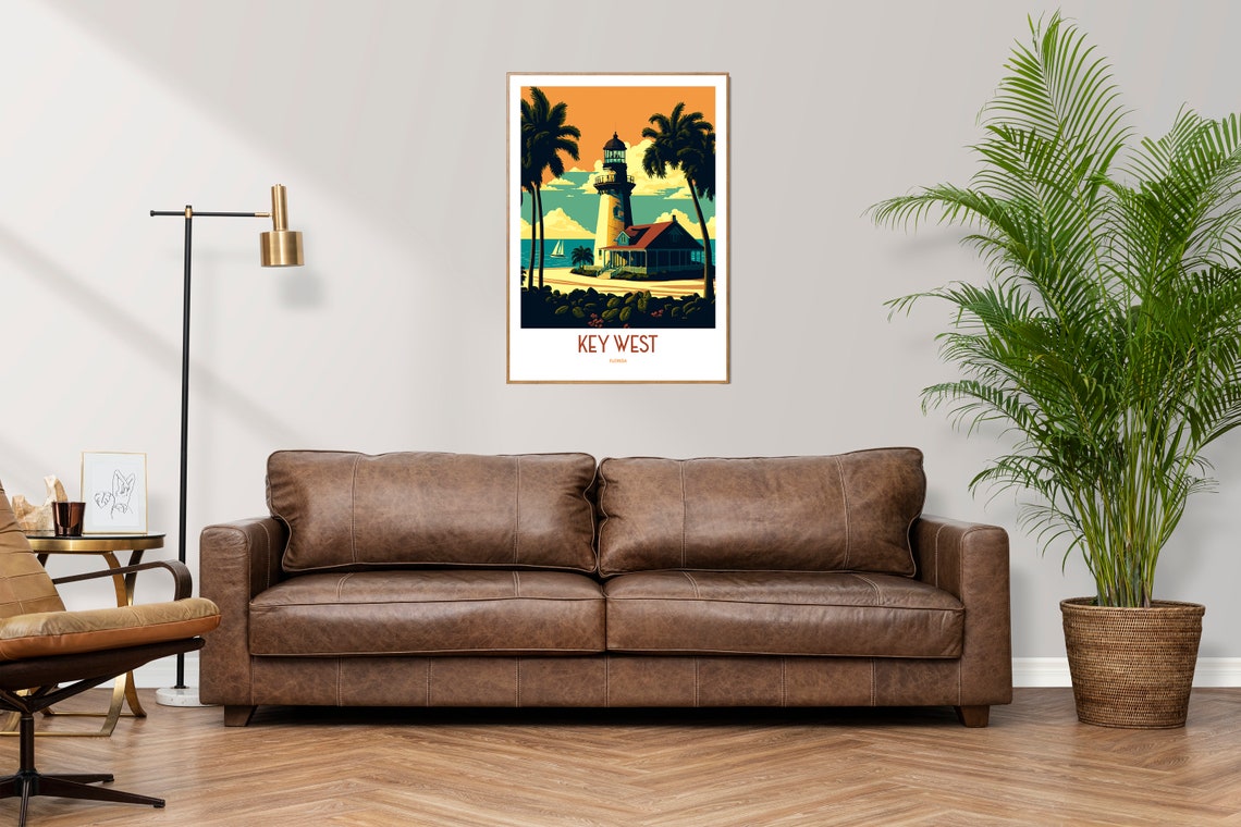 Key West Florida Lighthouse Palms Sailboat Retro Travel Poster - Image 3