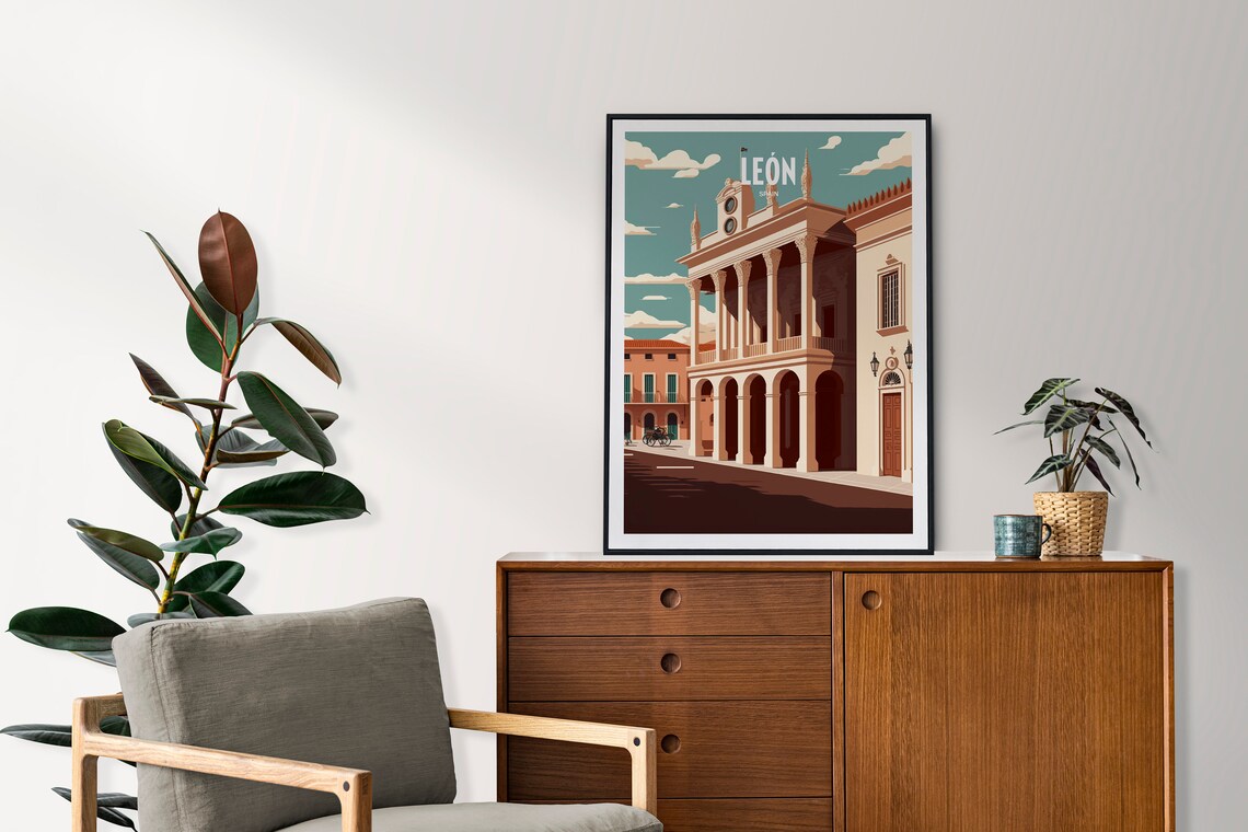 Leon Spain Neoclassical Colonnade Plaza Vintage Travel Poster - Image 2