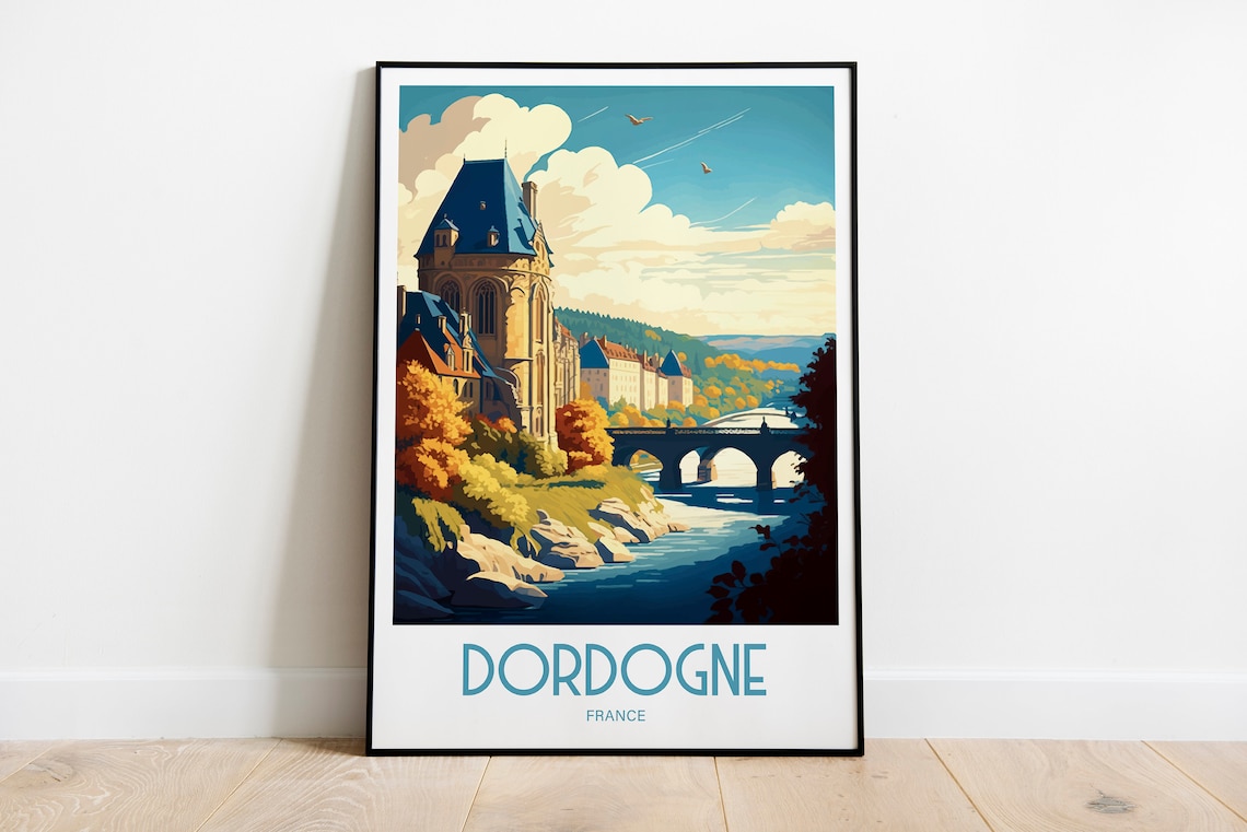 Dordogne France Riverside Chateau Vintage French Travel Poster Art