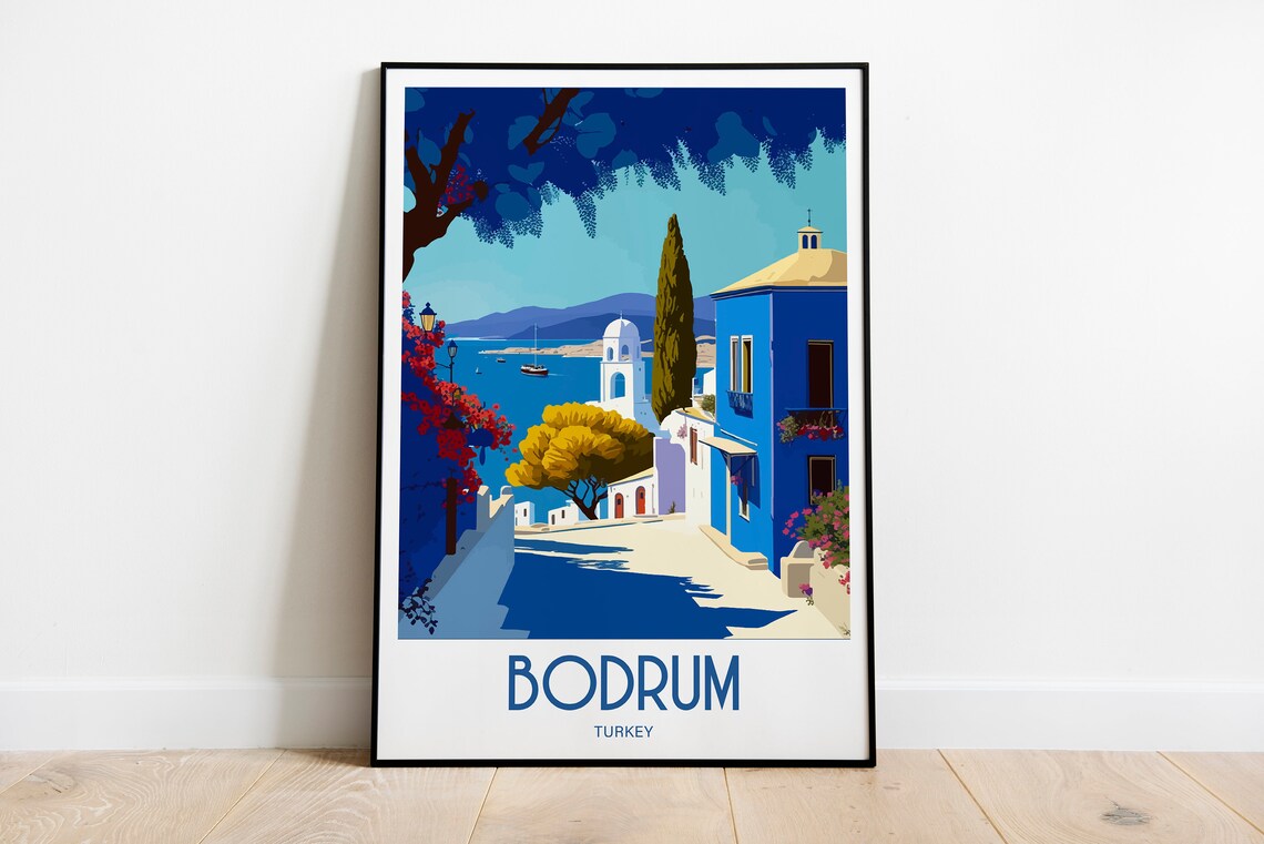 Bodrum Turkey Blue Coastal Street Sea View Vintage Travel Poster