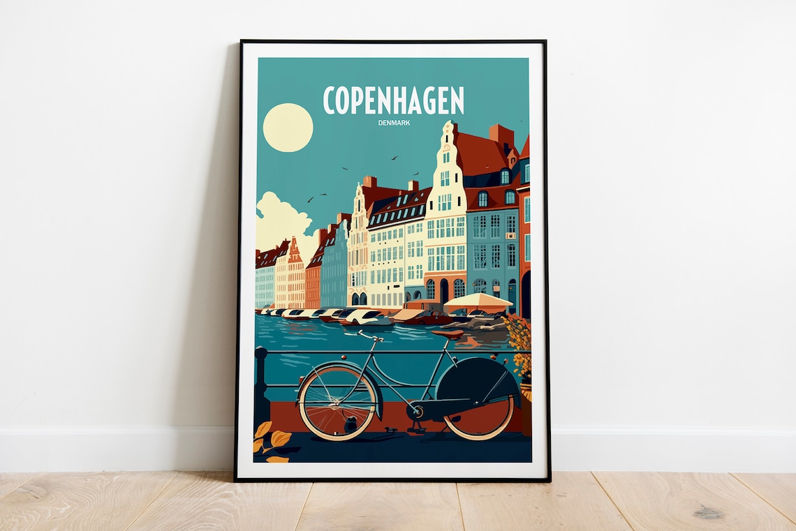 Copenhagen Denmark Canal Houses Vintage Bicycle Retro Travel Poster